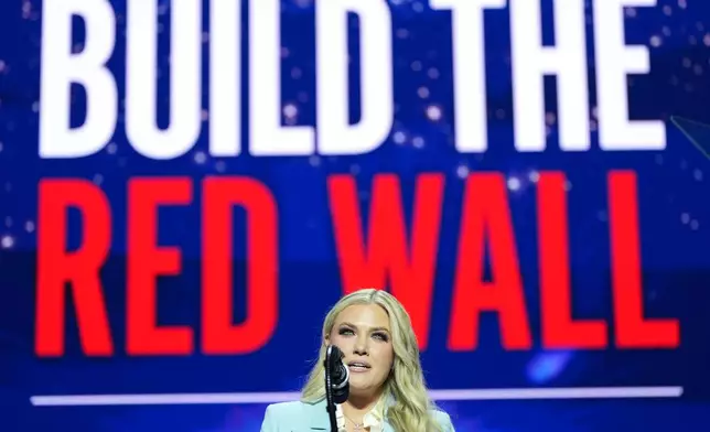 Erika Kirk speaks before President Donald Trump at a Turning Point USA event at Dream City Church, Friday, April 17, 2026, in Phoenix. (AP Photo/Alex Brandon)