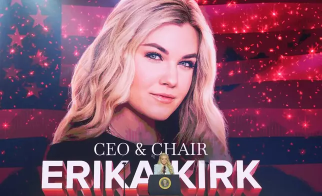 Erika Kirk speaks before President Donald Trump at a Turning Point USA event at Dream City Church, Friday, April 17, 2026, in Phoenix. (AP Photo/Ross D. Franklin)