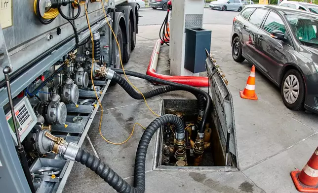 Fuel is filled from a fuel tanker to a gas station in Frankfurt, Germany, Thursday, April 16, 2026. (AP Photo/Michael Probst)