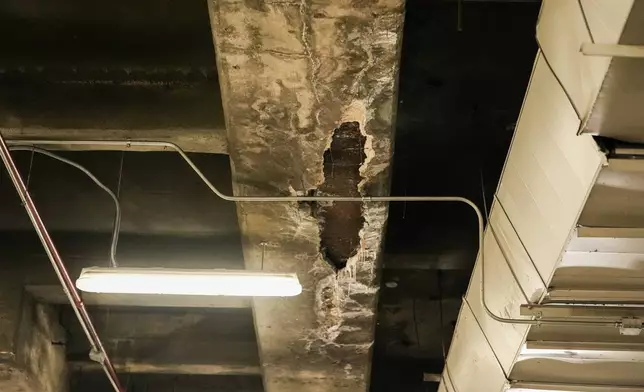 Structural damage is seen at the John F. Kennedy Center for the Performing Arts during a media tour, Wednesday, April 22, 2026, in Washington. (AP Photo/Julia Demaree Nikhinson)