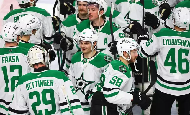 Dallas Stars teammates celebrate victory following a shootout of an NHL hockey game against the Buffalo Sabres Wednesday, April 15, 2026, in Buffalo, N.Y. (AP Photo/Jeffrey T. Barnes)