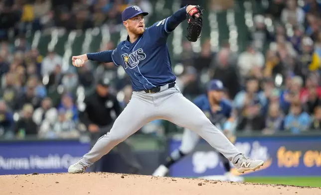 Tampa Bay Rays pitcher Drew Rasmussen throws during the third inning of a baseball game against the Milwaukee Brewers, Wednesday, April 1, 2026, in Milwaukee. (AP Photo/Kayla Wolf)