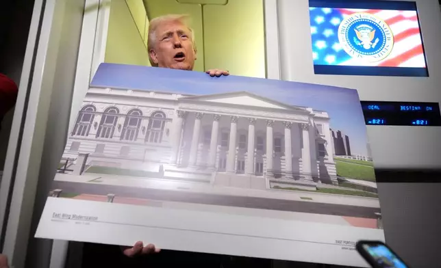 President Donald Trump holds a rendering of the proposed new East Wing of the White House as he speaks to reporters aboard Air Force One en route from West Palm Beach, Fla., to Joint Base Andrews, Md., Sunday, March 29, 2026. (AP Photo/Mark Schiefelbein)