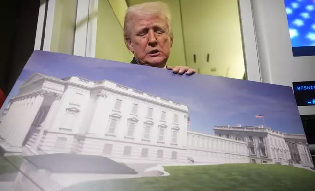 President Donald Trump holds a rendering of the proposed new East Wing of the White House as he speaks to reporters aboard Air Force One en route from West Palm Beach, Fla., to Joint Base Andrews, Md., Sunday, March 29, 2026. (AP Photo/Mark Schiefelbein)