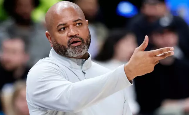 Detroit Pistons head coach J.B. Bickerstaff gestures to an official during the first half of an NBA basketball game against the Toronto Raptors Tuesday, March 31, 2026, in Detroit. (AP Photo/Duane Burleson)