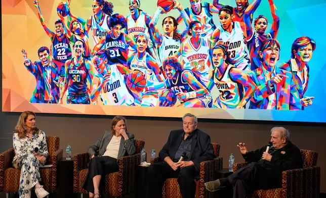 From left, Debbie Antonelli, Val Ackerman, Rich Ensor and Mel Greenberg sit on a panel during an event Friday, April 3, 2026, in Phoenix. (AP Photo/John Locher)