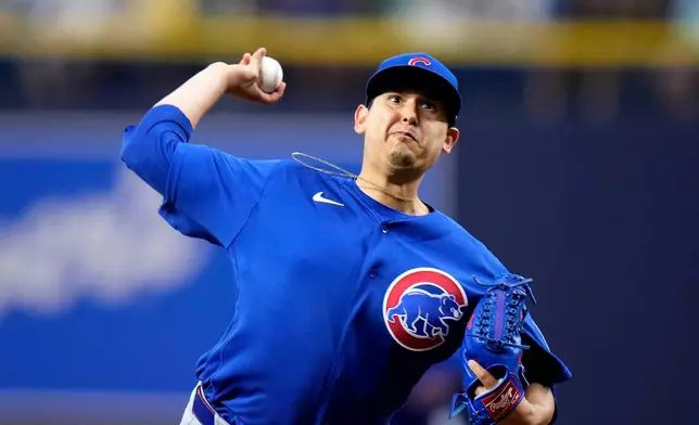 Chicago Cubs pitcher Javier Assad delivers to the Tampa Bay Rays during the first inning of a baseball game Tuesday, April 7, 2026, in St. Petersburg, Fla. (AP Photo/Chris O'Meara)