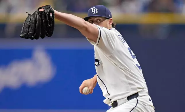 Tampa Bay Rays pitcher Mason Englert goes into his windup against the Chicago Cubs during the first inning of a baseball game Tuesday, April 7, 2026, in St. Petersburg, Fla. (AP Photo/Chris O'Meara)