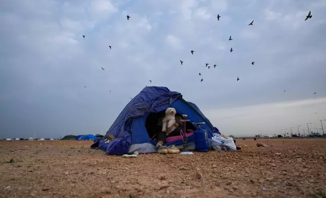 A displaced woman holding her dog sits in her tent in Beirut, Lebanon, awaiting an official order from Hezbollah to return to her home in south Lebanon following a ceasefire between Hezbollah and Israel, Friday, April 17, 2026. (AP Photo/Hussein Malla)