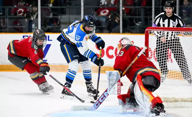 Toronto Sceptres' Claire Dalton (42) takes a shot on Ottawa Charge's goaltender Gwyneth Philips (33) during the second period of a PWHL hockey game in Ottawa, Ontario, Saturday, April 25, 2026. (Spencer Colby/The Canadian Press via AP)
