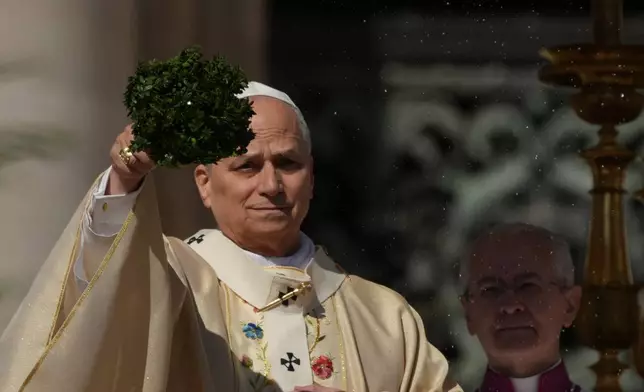 Pope Leo XIV sprinkles holy water with a bunch of hyssop sprigs as he presides over Easter Mass in St. Peter’s Square at the Vatican, Sunday, April 5, 2026. (AP Photo/Andrew Medichini)