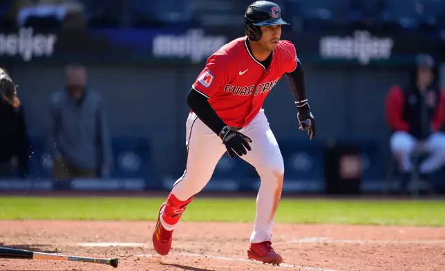 Cleveland Guardians' Brayan Rocchio runs towards first base with a walk-off RBI single in the ninth inning to end the baseball game against the Kansas City Royals in Cleveland, Tuesday, April 7, 2026. (AP Photo/Sue Ogrocki)
