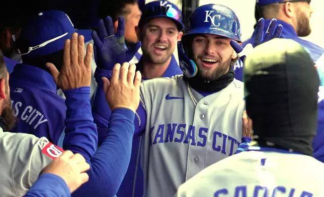 Kansas City Royals' Carter Jensen is congratulated in the dugout after hitting a solo home run in the second inning of a baseball game against the Cleveland Guardians in Cleveland, Tuesday, April 7, 2026. (AP Photo/Sue Ogrocki)