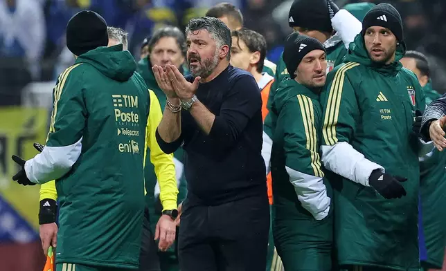 Italy coach Gennaro Gattuso gestures from the touchline during the World Cup qualifying playoff final soccer match between Bosnia and Italy in Zenica, Bosnia, Tuesday, March 31, 2026. (AP Photo/Armin Durgut)