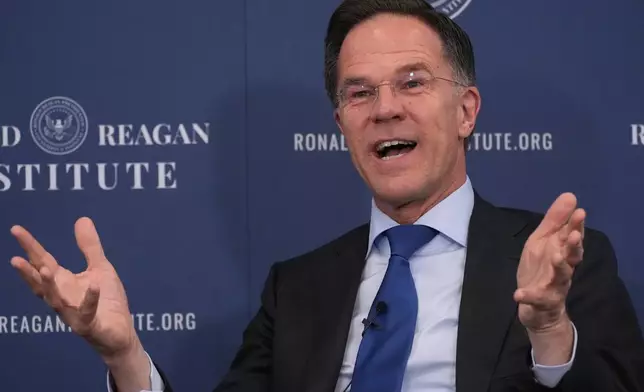 NATO Secretary General Mark Rutte speaks at the Ronald Reagan Institute, Thursday, April 9, 2026, in Washington. (AP Photo/Manuel Balce Ceneta)