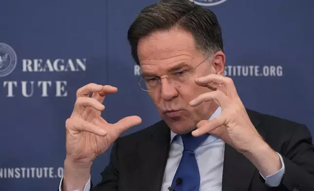 NATO Secretary General Mark Rutte speaks at the Ronald Reagan Institute, Thursday, April 9, 2026, in Washington. (AP Photo/Manuel Balce Ceneta)