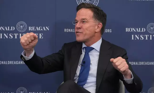 NATO Secretary General Mark Rutte speaks at the Ronald Reagan Institute, Thursday, April 9, 2026, in Washington. (AP Photo/Manuel Balce Ceneta)
