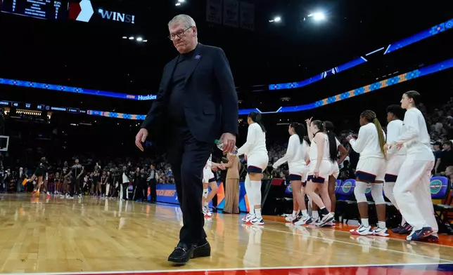 UConn head coach Geno Auriemma reacts after during the second half of a woman's NCAA college basketball tournament semifinal game between UConn and South Carolina at the Final Four, Friday, April 3, 2026, in Phoenix. (AP Photo/Ross D. Franklin)