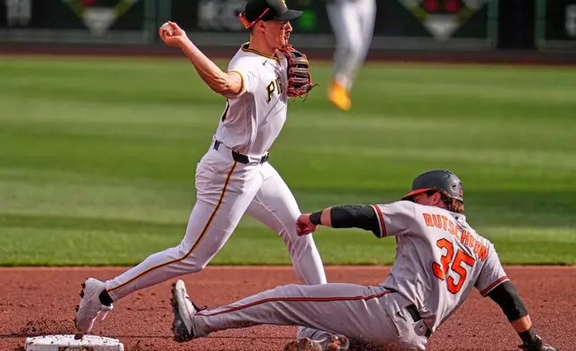 Pittsburgh Pirates shortstop Konnor Griffin gets the force out at second on Baltimore Orioles' Adley Rutschman (35) but fails to complete the double play on Dylan Beavers at first base during the second inning of a baseball game in Pittsburgh, Saturday, April 4, 2026. (AP Photo/Gene J. Puskar)