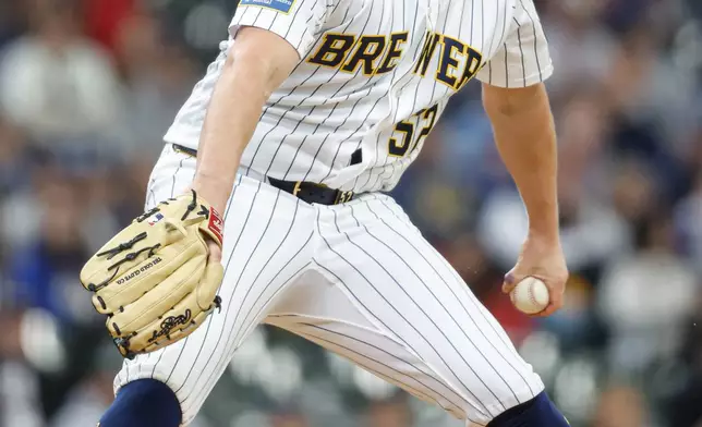 Milwaukee Brewers pitcher Kyle Harrison throws during the first inning of a baseball game against the Pittsburgh Pirates, Sunday, April 26, 2026, in Milwaukee. (AP Photo/Jeffrey Phelps)