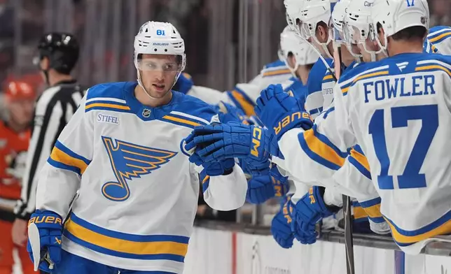 St. Louis Blues left wing Dylan Holloway, left, celebrates his goal with teammates during the first period of an NHL hockey game against the Anaheim Ducks Friday, April 3, 2026, in Anaheim, Calif. (AP Photo/Gregory Bull)