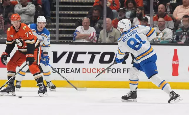 St. Louis Blues left wing Dylan Holloway, right, scores a goal during the first period of an NHL hockey game against the Anaheim Ducks Friday, April 3, 2026, in Anaheim, Calif. (AP Photo/Gregory Bull)