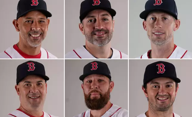 FILE - This combo of 2026 file photos shows, from top row left, Boston Red Sox manager Alex Cora, hitting coach Peter Fatse, third-base coach Kyle Hudson, bottom row from left, bench coach Rámon Vázquez, assistant hitting coach Dillon Lawson, and hitting strategy coach Joe Cronin. (AP Photo/Gerald Herbert, File)
