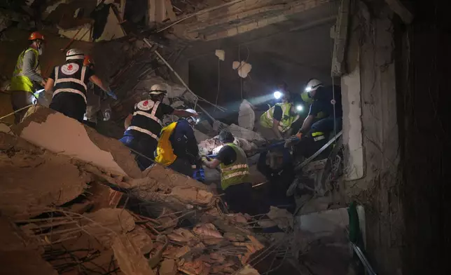 Rescuers rescue an injured man from a destroyed building that was hit in an Israeli airstrike in central Beirut, Lebanon, Wednesday, April 8, 2026. (AP Photo/Emilio Morenatti)