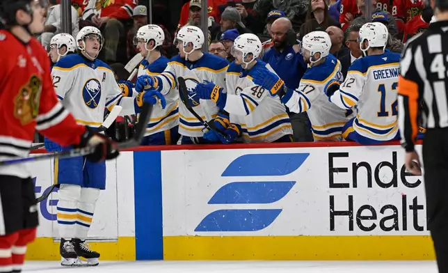 Buffalo Sabres' Tage Thompson (72) celebrates with teammates at the bench after scoring during the second period of an NHL hockey game against the Chicago Blackhawks in Chicago, Monday, April 13, 2026. (AP Photo/Paul Beaty)