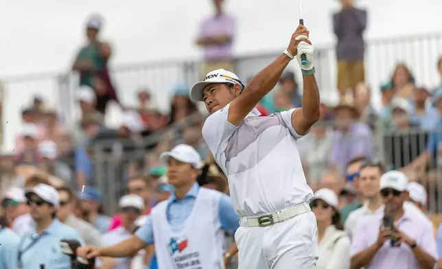 Hideki Matsuyama watches his drive during the second round of the Valero Texas Open golf tournament in San Antonio, Friday, April 3, 2026. (Andrew J. Whitaker/The San Antonio Express-News via AP)