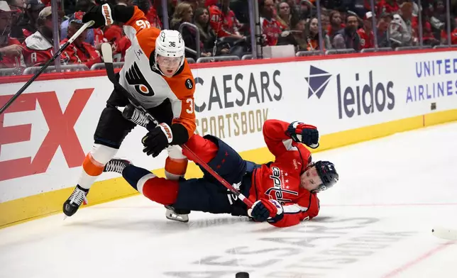 Philadelphia Flyers defenseman Emil Andrae (36) collides with Washington Capitals left wing Ivan Miroshnichenko (63) during the first period of an NHL hockey game, Tuesday, March 31, 2026, in Washington. (AP Photo/Nick Wass)