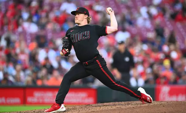 Cincinnati Reds pitcher Andrew Abbott throws during the third inning of a baseball game against the Detroit Tigers in Cincinnati, Friday, April 24, 2026. (AP Photo/Ben Jackson)