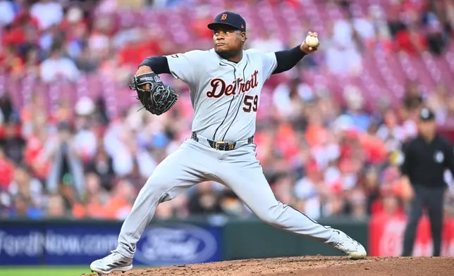 Detroit Tigers pitcher Framber Valdez throws during the second inning of a baseball game against the Cincinnati Reds in Cincinnati, Friday, April 24, 2026. (AP Photo/Ben Jackson)