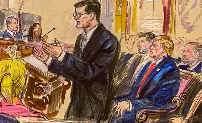 This courtroom sketch depicts the Republican administration's top Supreme Court lawyer, Solicitor General D. John Sauer, standing center, make arguments before the U.S. Supreme Court, Wednesday, April 1, 2026, in Washington. President Donald Trump is seated right. (Dana Verkouteren via AP)