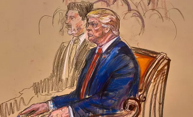 This courtroom sketch depicts President Donald Trump seated in the U.S. Supreme Court gallery, Wednesday, April 1, 2026, in Washington. (Dana Verkouteren via AP)