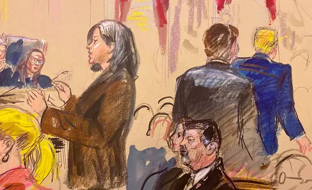 This courtroom sketch depicts Cecillia Wang, the American Civil Liberties Union legal director, standing center, making arguments before the U.S. Supreme Court, Wednesday, April 1, 2026, in Washington, as President Donald Trump departs shortly after Wang began her presentation in defense of broad birthright citizenship. (Dana Verkouteren via AP)