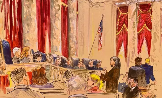 This courtroom sketch depicts Cecillia Wang, the American Civil Liberties Union legal director, standing center, making arguments before the U.S. Supreme Court, Wednesday, April 1, 2026 in Washington, as President Donald Trump, right, departs shortly after Wang began her presentation in defense of broad birthright citizenship. (Dana Verkouteren via AP)