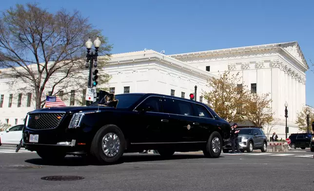 President Donald Trump leaves the U.S. Supreme Court, Wednesday, April 1, 2026, in Washington. (AP Photo/Anthony Peltier)