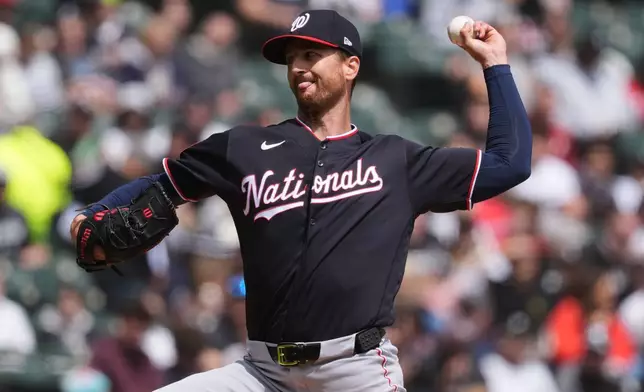 Washington Nationals starting pitcher Foster Griffin throws against the Chicago White Sox during the first inning of a baseball game in Chicago, Sunday, April 26, 2026. (AP Photo/Nam Y. Huh)