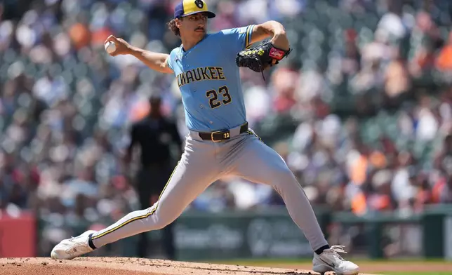Milwaukee Brewers pitcher Brandon Sproat throws against the Detroit Tigers during the first inning of a baseball game Thursday, April 23, 2026, in Detroit. (AP Photo/Paul Sancya)
