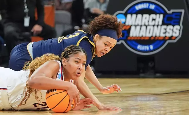 UConn forward Sarah Strong, front, and Notre Dame guard Hannah Hidalgo compete for a loose ball during the second half in the Elite Eight of the NCAA college basketball tournament, Sunday, March 29, 2026, in Fort Worth, Texas. (AP Photo/LM Otero)