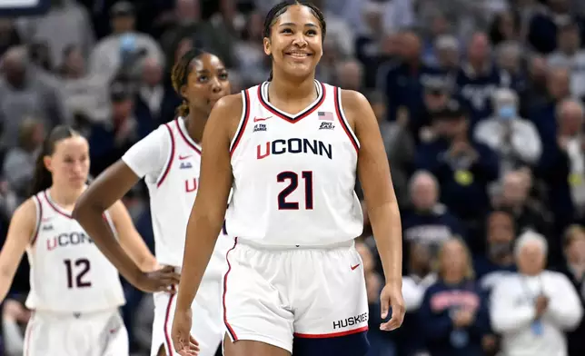 FILE - UConn forward Sarah Strong (21) in the first half of an NCAA college basketball game against Notre Dame, Monday, Jan. 19, 2026, in Storrs, Conn. (AP Photo/Jessica Hill, File)