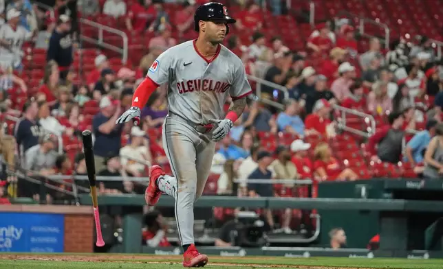 Cleveland Guardians' Brayan Rocchio drops his bat after hitting a two-run home run during the sixth inning of a baseball game against the St. Louis Cardinals Monday, April 13, 2026, in St. Louis. (AP Photo/Jeff Roberson)