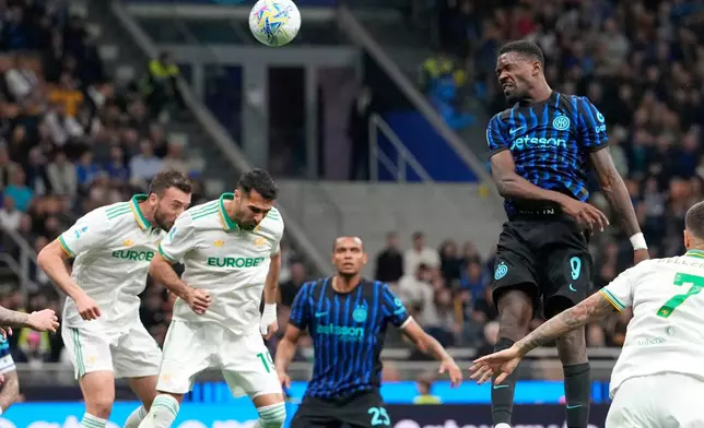 Inter Milan's Marcus Thuram scores during the Serie A soccer match between Inter Milan and Roma in Milan, Italy, Sunday, April 5, 2026. (AP Photo/Luca Bruno)