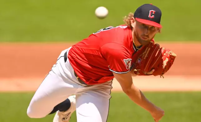 Cleveland Guardians pitcher Tanner Bibee delivers in the first inning of a baseball game against the Houston Astros in Cleveland, Wednesday, April 22, 2026. (AP Photo/David Richard)