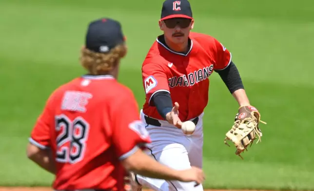 Cleveland Guardians first baseman Kyle Manzardo, right, tosses the ball to pitcher Tanner Bibee in the second inning of a baseball game against the Houston Astros in Cleveland, Wednesday, April 22, 2026. (AP Photo/David Richard)