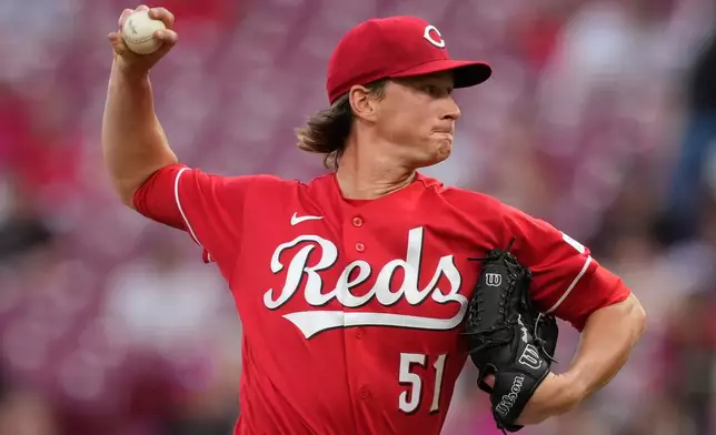 Cincinnati Reds pitcher Brady Singer throws during the third inning of a baseball game against the San Francisco Giants in Cincinnati, Tuesday, April 14, 2026. (AP Photo/Carolyn Kaster)