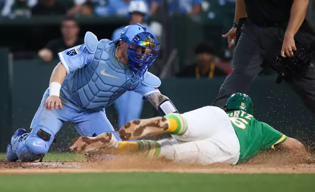 Kansas City Royals catcher Carter Jensen, left, attempts to tags out Athletics' Nick Kurtz, right, at home plate for the final out of the fourth inning of a baseball game Wednesday, April 29, 2026, in West Sacramento, Calif. (AP Photo/Scott Marshall)