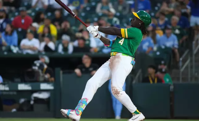 Athletics' Lawrence Butler watches his three run home during the fourth inning of a baseball game against the Kansas City Royals, Wednesday, April 29, 2026, in West Sacramento, Calif. (AP Photo/Scott Marshall)