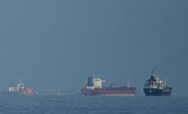 FILE - Oil tankers and cargo ships line up in the Strait of Hormuz as seen from Khor Fakkan, United Arab Emirates, Wednesday, March 11, 2026. (AP Photo/Altaf Qadri,File)